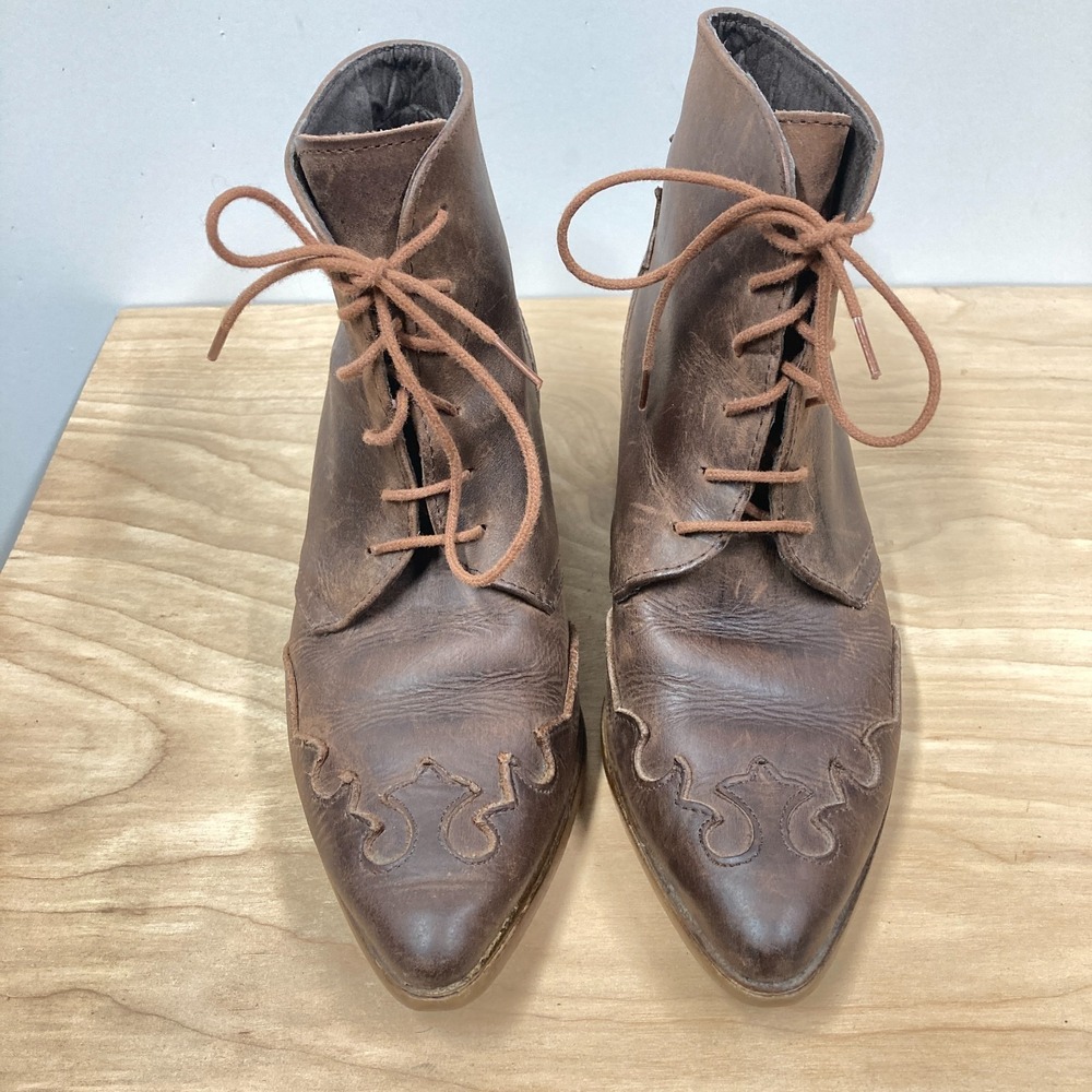 Vtg Spiegel Western Ankle Boots, Size 5, Brown Distressed Leather Scroll Pointy‎
